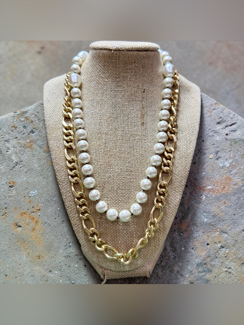 CAbi Wisdom Versatile Double Stranded Necklace Chunky Gold & Elegant Glass Pearl